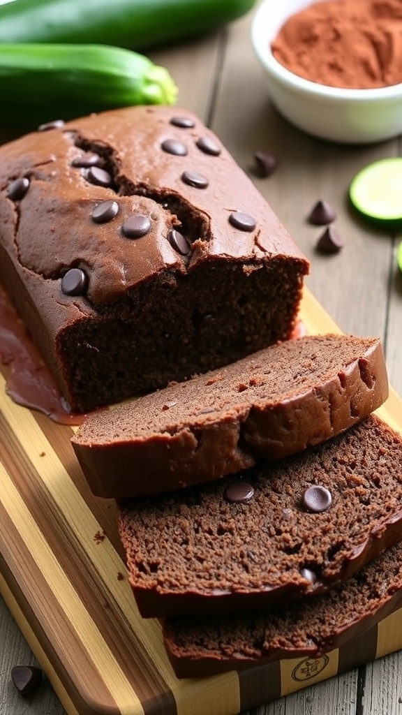 Sliced chocolate zucchini bread on a wooden board, showcasing its moist texture and chocolate chips.